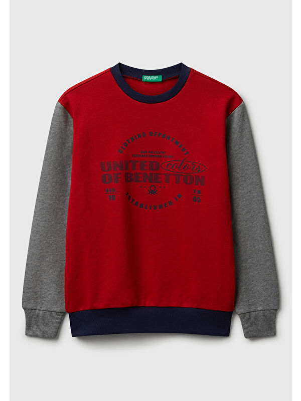 United Colors Of Benetton Erkek Çocuk Kırmızı-Gri Önü Logo Baskılı Bisiklet Yaka Regular Fit Sweatshirt
