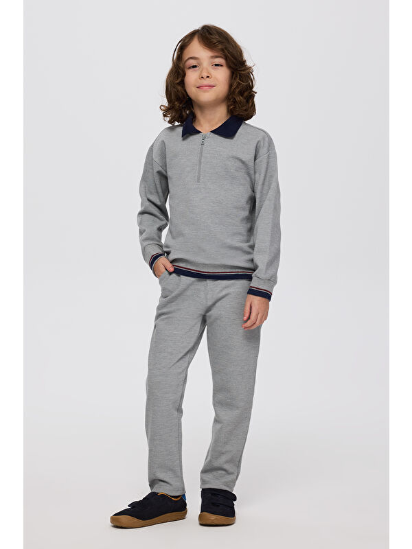 Panço Erkek Çocuk Yaka Detaylı Gri-Melanj Sweatshirt