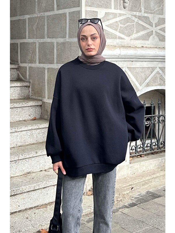 Lamelif Jasmin Bisiklet Yaka Oversize Sweat Koyu Lacivert