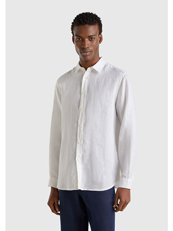United Colors Of Benetton Erkek Beyaz %100 Keten Gömlek