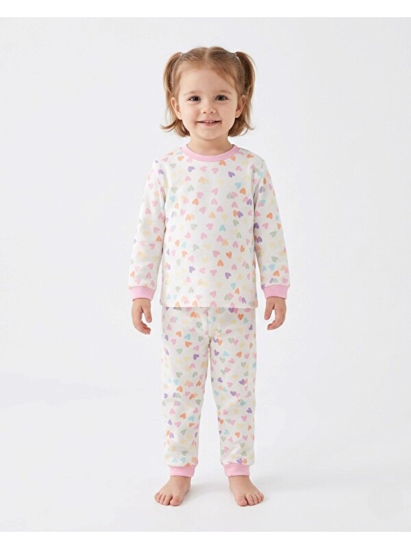 Ege Bebek Kız Çocuk Kalp Baskılı Bisiklet Yakalı Mevsimlik %100 Pamuk Gecelik Alt Üst Pijama Takımı