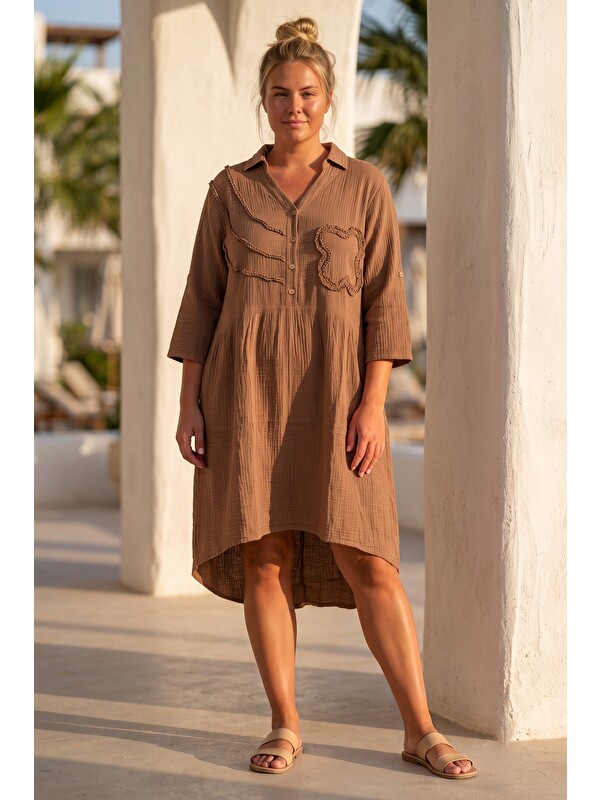 Chiccy Camel V Yaka 3/4 Kol Düğmeli Süzene Nakışlı Casual Müslin Arkası Uzun Oversize Dokuma Elbise 110 65