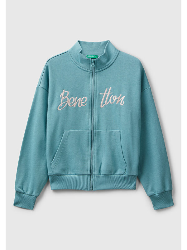 United Colors Of Benetton Kız Çocuk Gri-Yeşil Önü Logo Nakışlı Cepli Fermuarlı Dik Yaka Sweatshirt