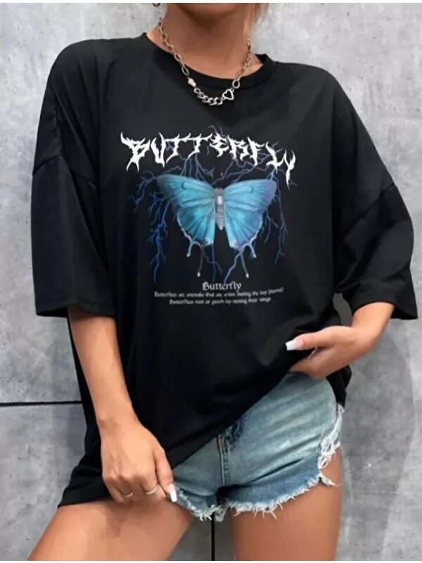 Jane's Unisex Baskılı Oversize T-Shirt - Siyah