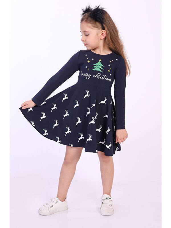 Toontoykids Kız Çocuk Merry Chrıstmas Yazılı Geyik Baskılı Elbise