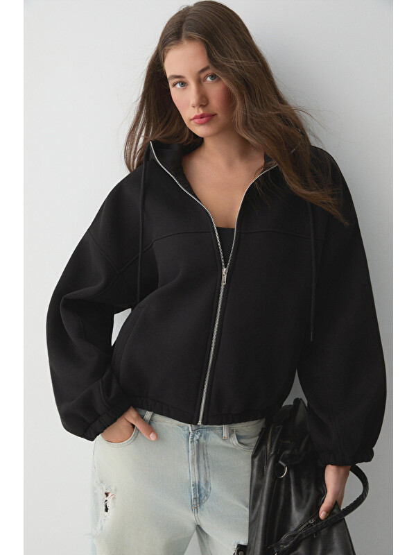 ETHIQUET VALIT Kadın Çift Cepli Eteği Ve Kol Ucu Lastikli Fermuarlı Oversize SİYAH Sweatshirt