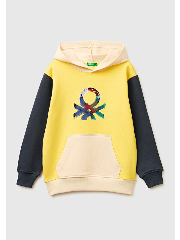 United Colors Of Benetton Erkek Çocuk Mix Önü Logo Baskılı Kanguru Cepli Kapüşonlu Sweatshirt