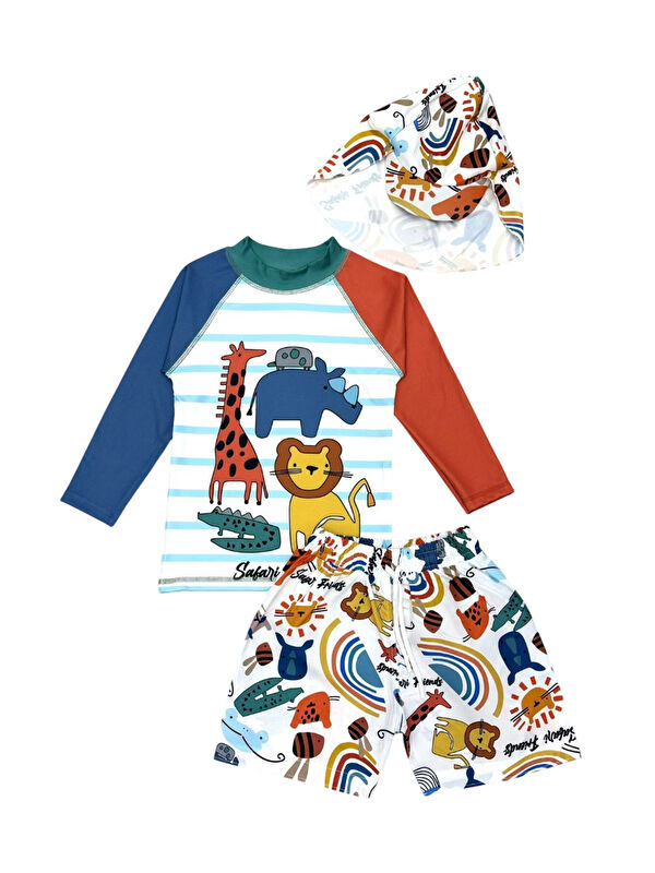 My Kids Wear Güneş Korumalı Boneli Karakter Desenli Deniz Şortlu Mayo Takım