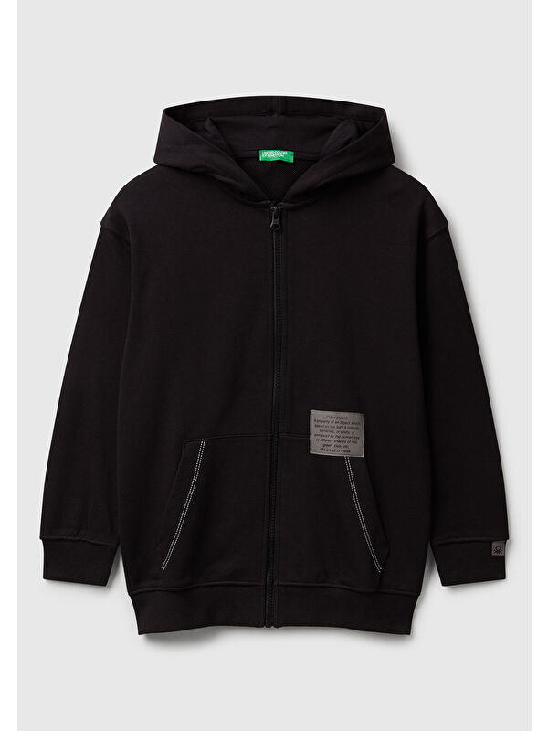 United Colors Of Benetton Erkek Çocuk Siyah Logolu Etiket Detaylı Fermuarlı Kapüşonlu Sweatshirt