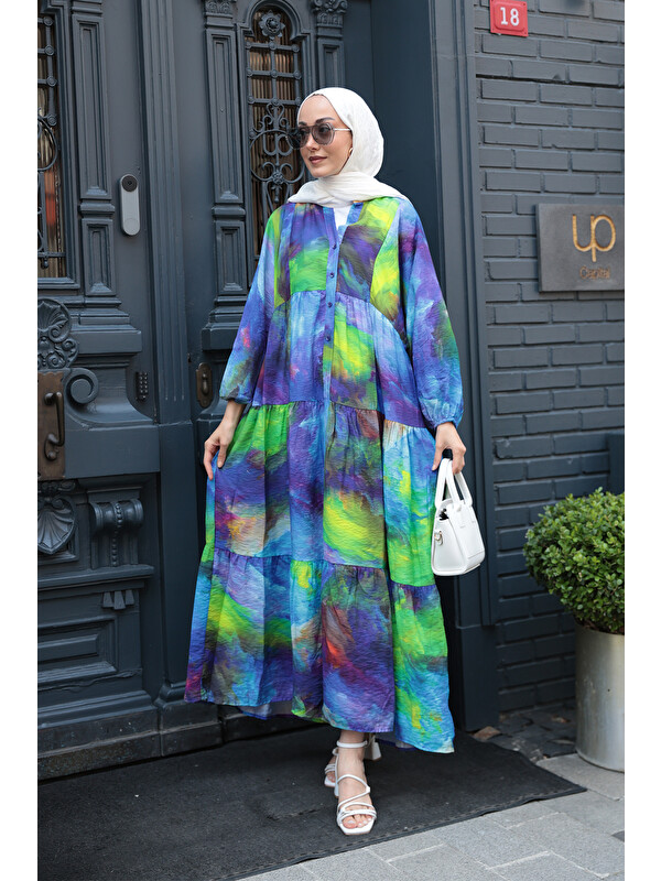 Locco Moda Kadın Galaksi Desenli Elbise Yeşil