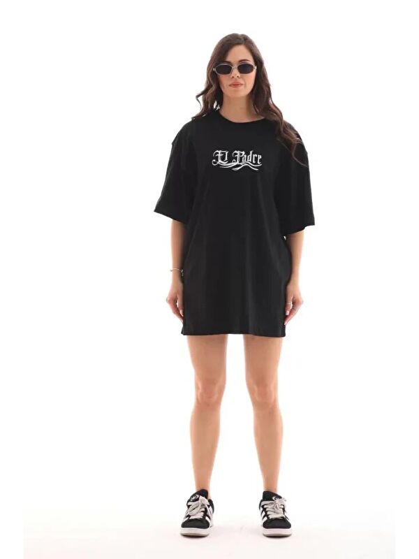 Jane's Unisex Bisiklet Yaka Baskılı Oversize T-Shirt - Siyah