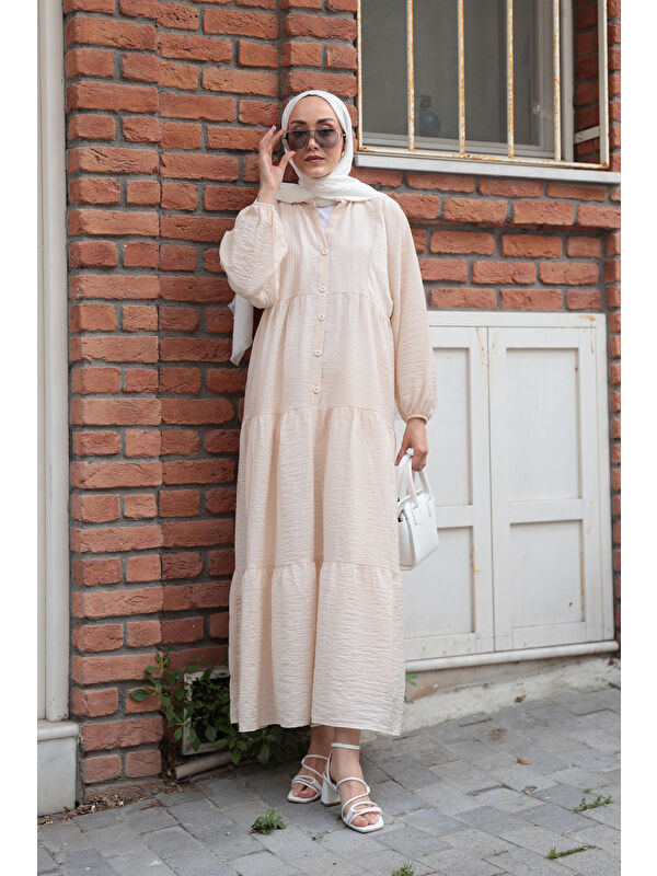 Locco Moda Kadın Kendinden Desenli Elbise Krem