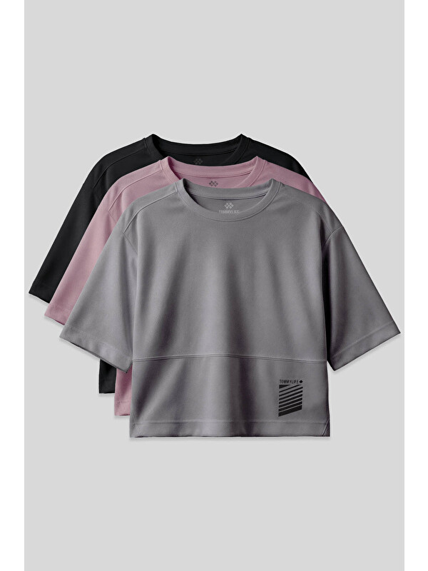 Tommylife Oversize Fit O Yaka 3lü Paket Siyah-Koyu Gri-Gül Kurusu Kadın T-Shirt - 97284