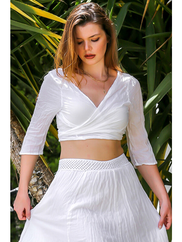 Chiccy Organik Pamuk Beyaz 3/4 Kol Bağlamalı Dokuma Crop Fit Casual Bluz