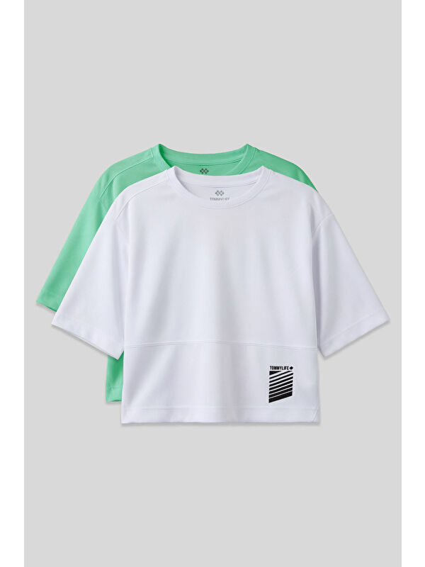 Tommylife Oversize Fit O Yaka 2li Paket Beyaz-Su Yeşili Kadın T-Shirt - 97284