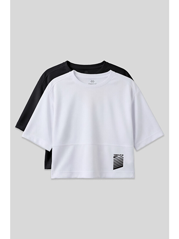 Tommylife Oversize Fit O Yaka 2li Paket Siyah-Beyaz Kadın T-Shirt - 97284