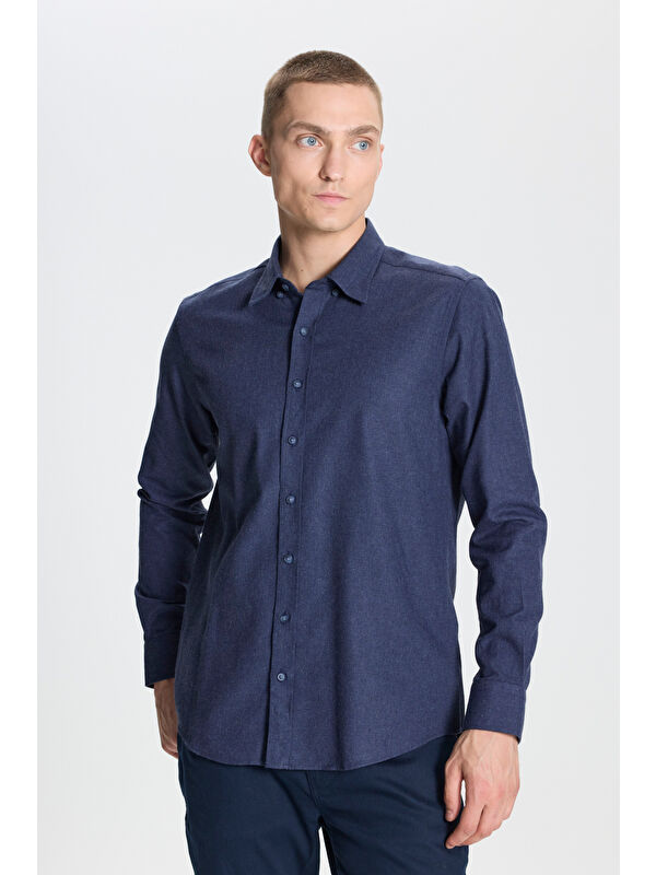 Altınyıldız Classics Erkek Lacivert Recycle Slim Fit Dar Kesim Gizli Düğmeli Yaka Pamuklu Flanel Oduncu Gömlek