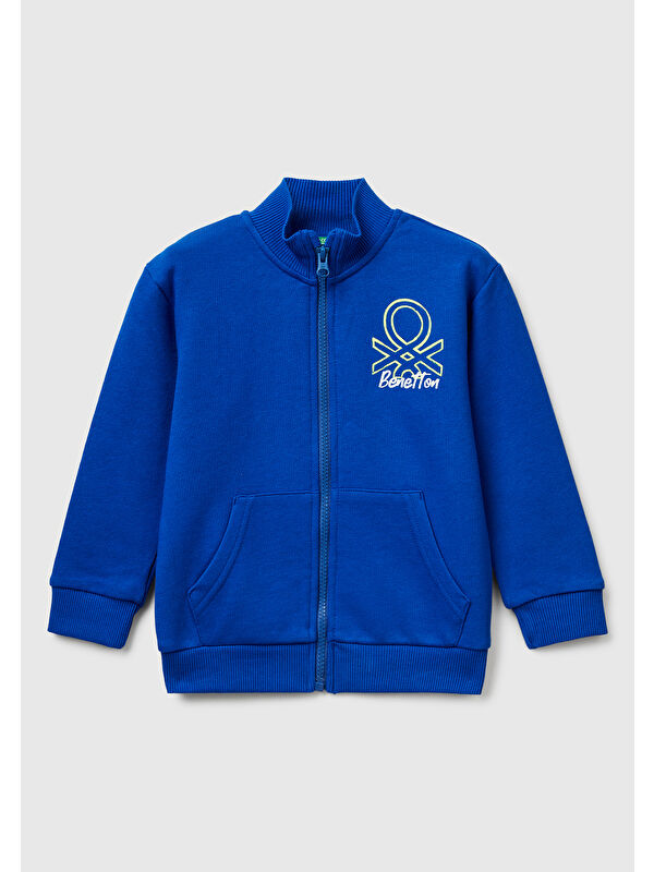 United Colors Of Benetton Erkek Çocuk Saks Mavisi Logo Detaylı Önü Fermuarlı Ribana Detaylı Sweatshirt