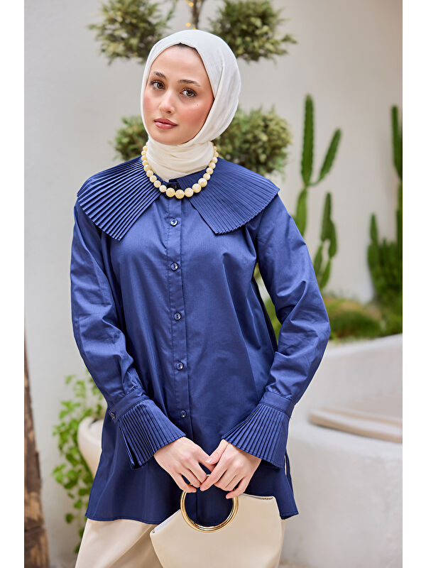 Locco Moda Kadın Gömlek Ve Kol Pilise Detaylı Gömlek Lacivert