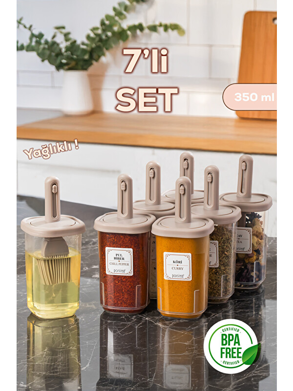 Porsima 4366 7li Kaydırmalı Kaşıklı Sızdırmaz Kapaklı Etiketli Baharatlık Seti