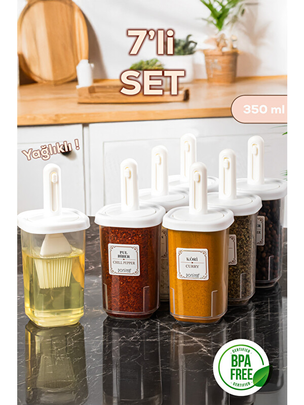 Porsima 4365 7li Kaydırmalı Kaşıklı Sızdırmaz Kapaklı Etiketli Baharatlık Seti