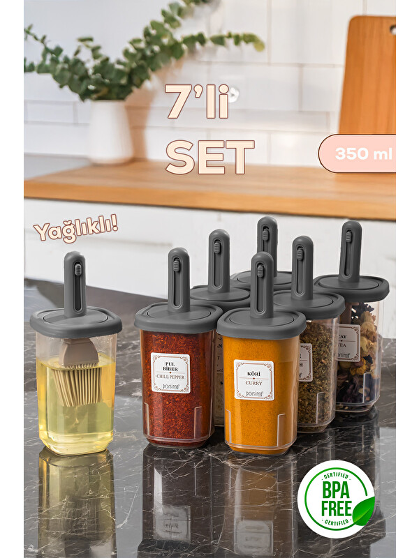 Porsima 4364 7li Kaydırmalı Kaşıklı Sızdırmaz Kapaklı Etiketli Baharatlık Seti