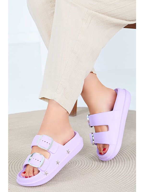 Kadın Lila Çift Kemerli Terlik - 27565 - Görsel 2