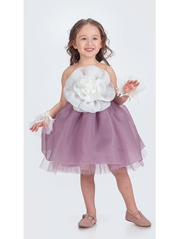 Mnk Baby & Kids Karolin Robası Çiçekli Bilekli Aksesuarlı Kız Çocuk Abiye Elbise M00724