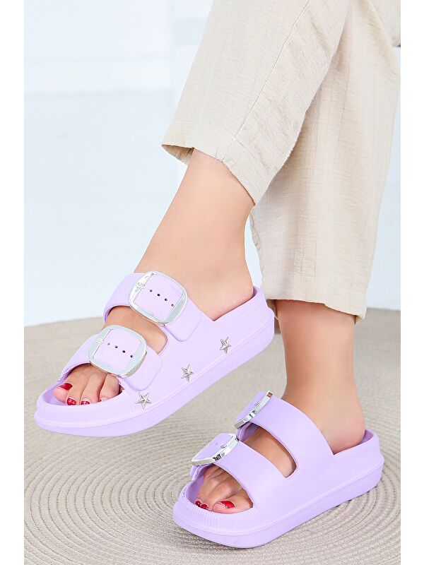 Kadın Lila Çift Kemerli Terlik - 27565 - Görsel 4