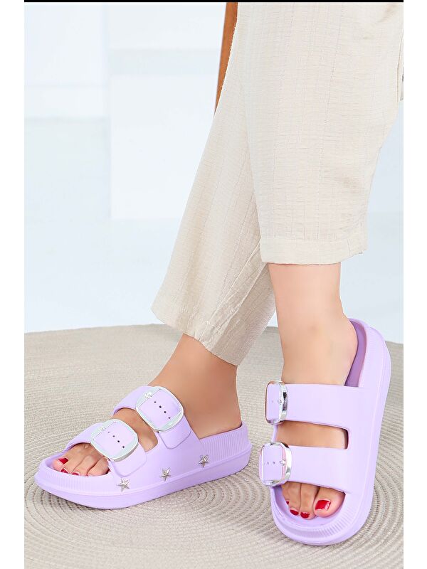 Kadın Lila Çift Kemerli Terlik - 27565 - Görsel 5