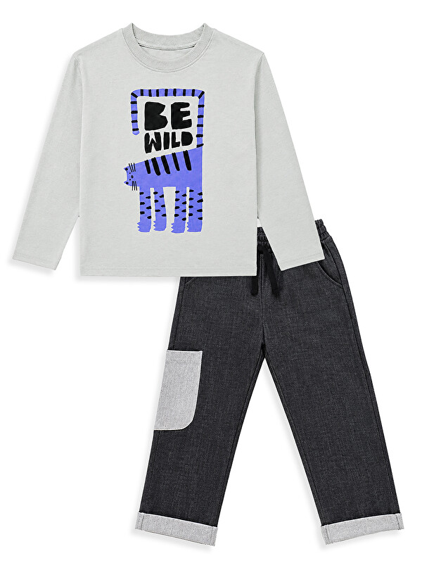 Denokids Erkek Çocuk Takım Kaplan Baskılı %100 Pamuk T-shirt - Denim Kargo Pantolon (3-8 Yaş)