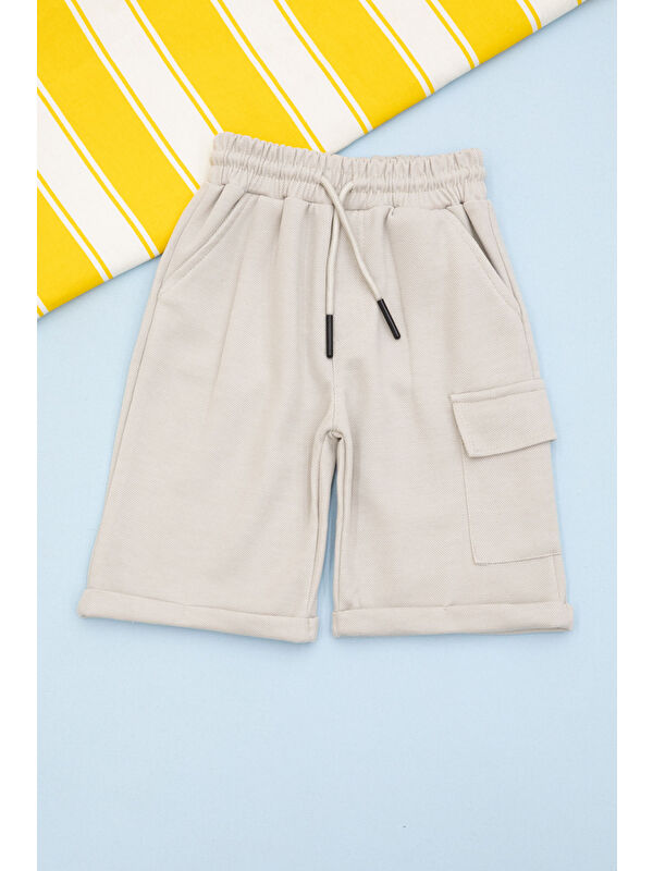 Cansın Mini Krem Beli Lastikli Jogger Kumaş Tek Kargo Cepli Erkek Çocuk Şort 21156