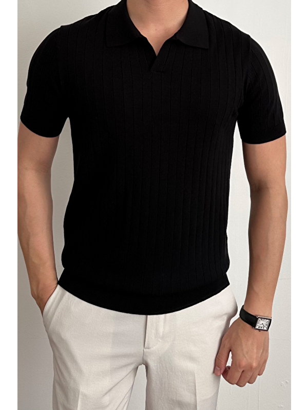 Tarz Cool Erkek Siyah Slim Fit Fitilli Polo Yaka Triko Tişört
