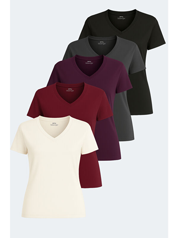 SLAZENGER PERICAS 5 li Set Kadın Ekru - Koyu Gri - Siyah - Mürdüm - Bordo Tişört