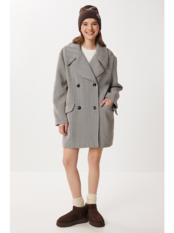 Happiness İstanbul Balık Sırtı Oversize Kaşe Kaban KAHVERENGİ BEYAZ LFN0143