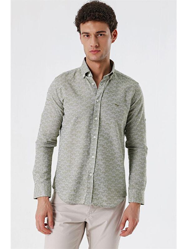İMZA Koyu Haki Kısalabilir Kollu Desenli  %100 Pamuk Casual Slim Fit Gömlek 1004230181
