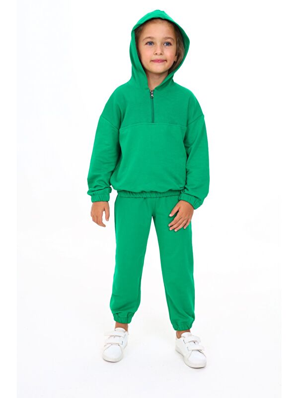 Toontoykids Kız Çocuk 2'li Takım Kapüşonlu Fermuarlı Sweatshirt & Beli Paçası Lastikli Cepli Jogger Eşofman Altı
