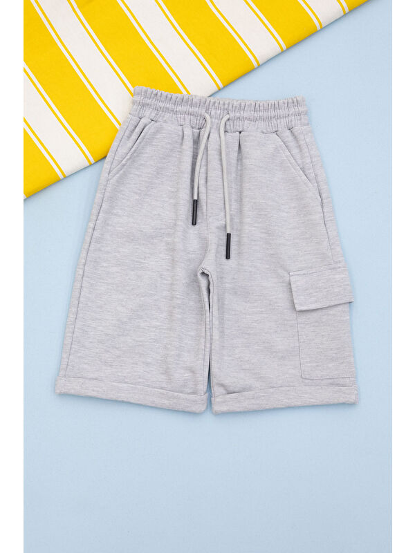 Cansın Mini Gri Beli Lastikli Jogger Kumaş Tek Kargo Cepli Erkek Çocuk Şort 21154