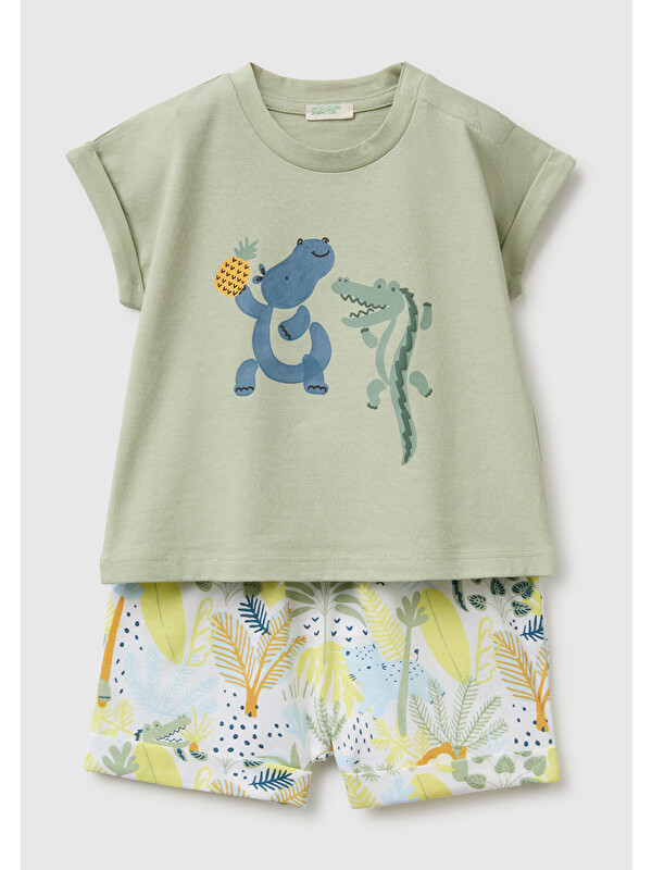United Colors Of Benetton Bebek Bej Su Bazlı Baskılı Omzu Gizli Çıtçıtlı T-Shirt ve Şort Takım