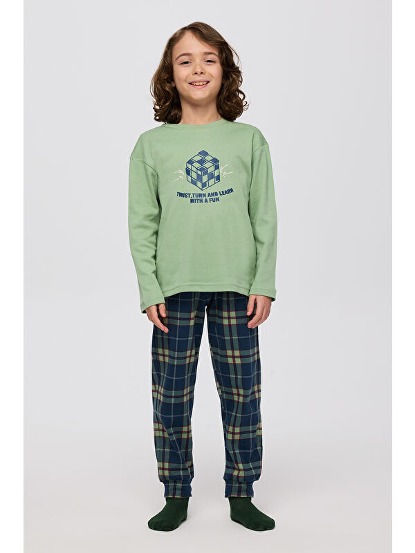 Panço Erkek Çocuk Ekose Desenli Yeşil Pijama Takımı