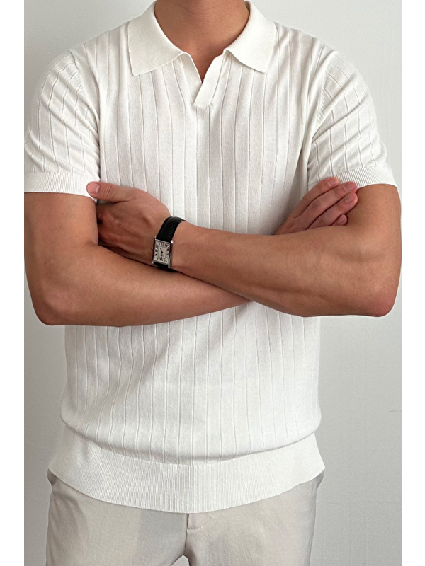 Tarz Cool Erkek Beyaz Slim Fit Fitilli Polo Yaka Triko Tişört