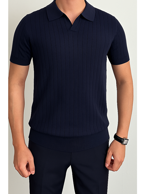 Tarz Cool Erkek Lacivert Slim Fit Fitilli Polo Yaka Triko Tişört