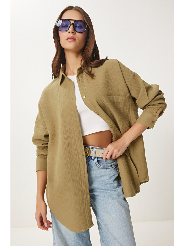 Happiness İstanbul Oversize Basic Müslin Gömlek YAĞ YEŞİLİ LMX0002