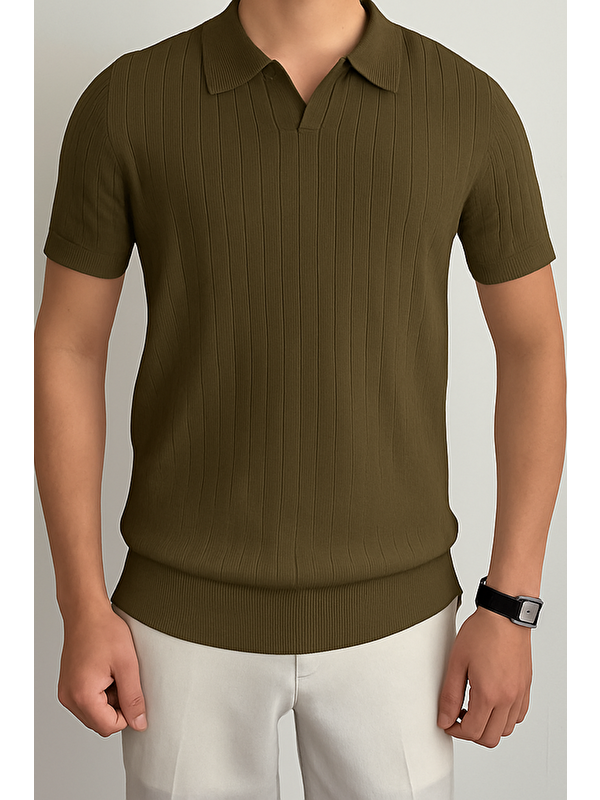 Tarz Cool Erkek Haki Slim Fit Fitilli Polo Yaka Triko Tişört