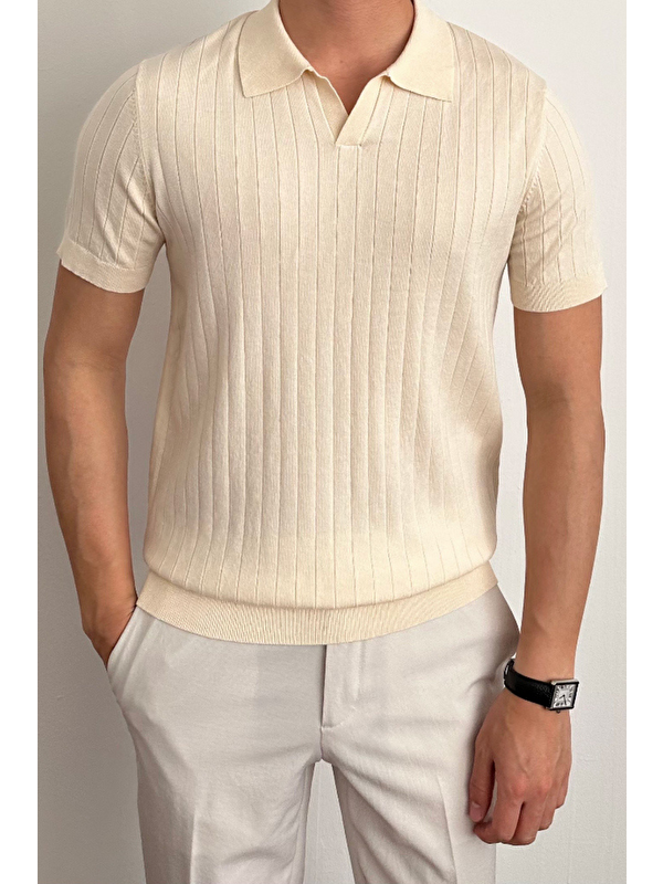 Tarz Cool Erkek Bej Slim Fit Fitilli Polo Yaka Triko Tişört