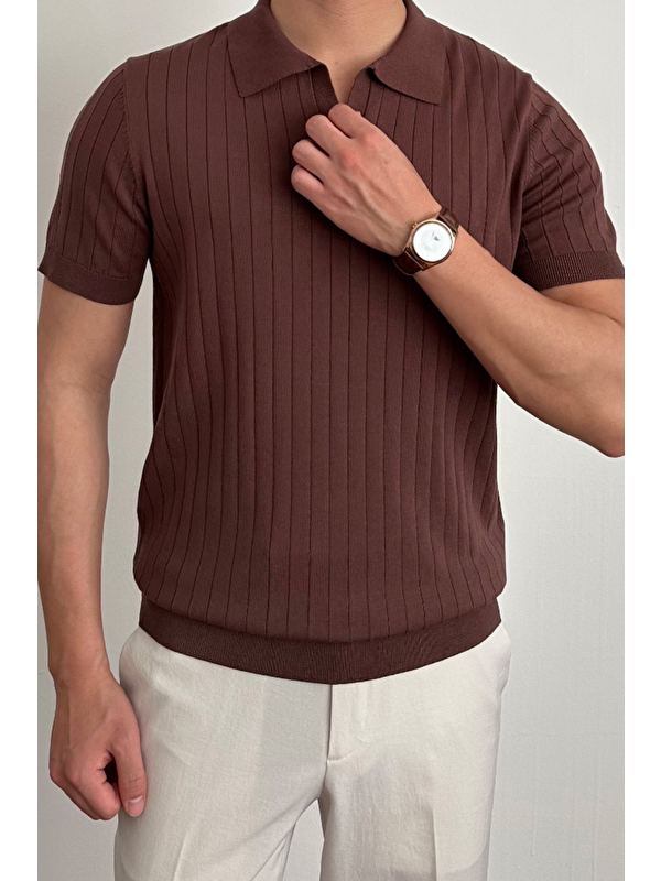 Tarz Cool Erkek Kahverengi Slim Fit Fitilli Polo Yaka Triko Tişört