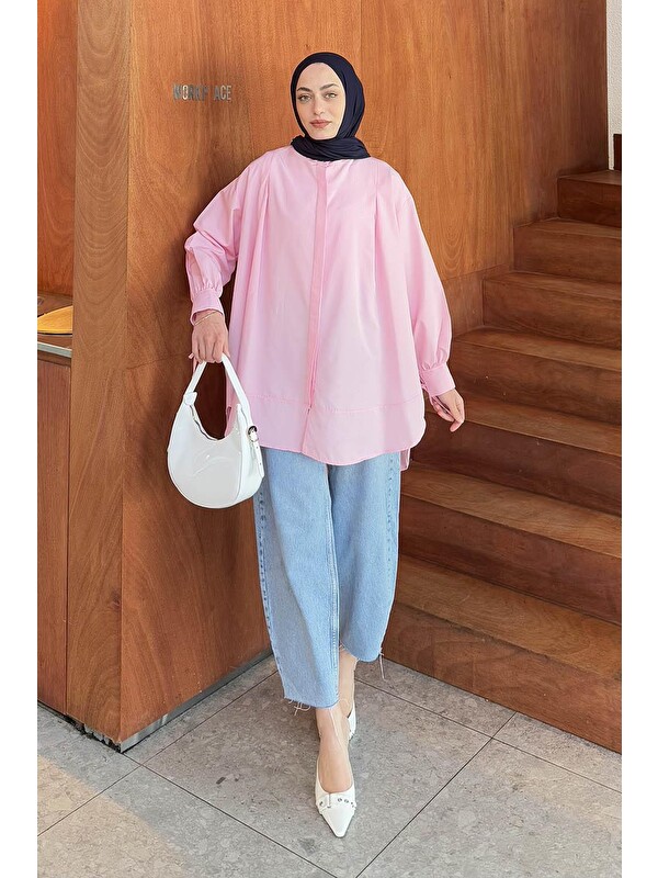 Lamelif Manşeti Biyeli Tunik Pembe
