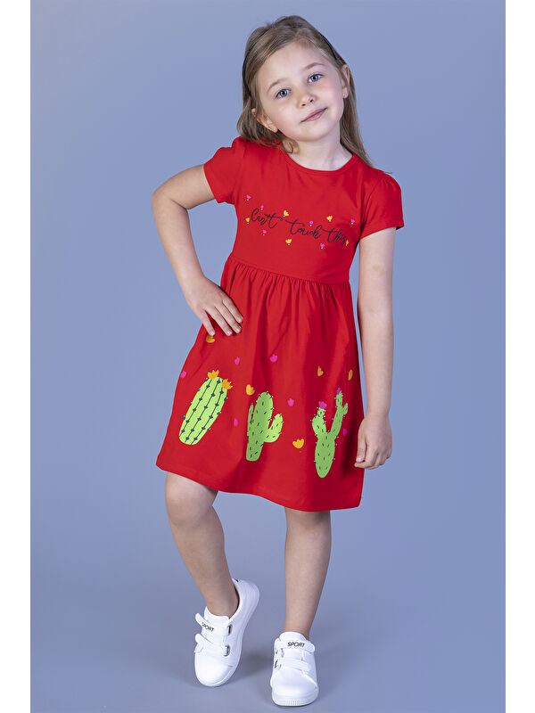 Toontoykids Kız Çocuk Kaktüs Baskılı Büzgülü Elbise