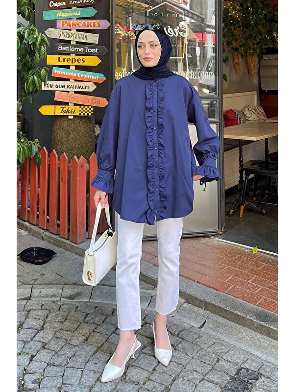 Lamelif Flores Fırfırlı Tunik Lacivert