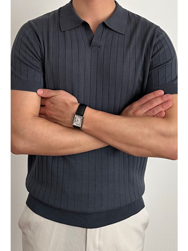 Tarz Cool Erkek Füme Slim Fit Fitilli Polo Yaka Triko Tişört